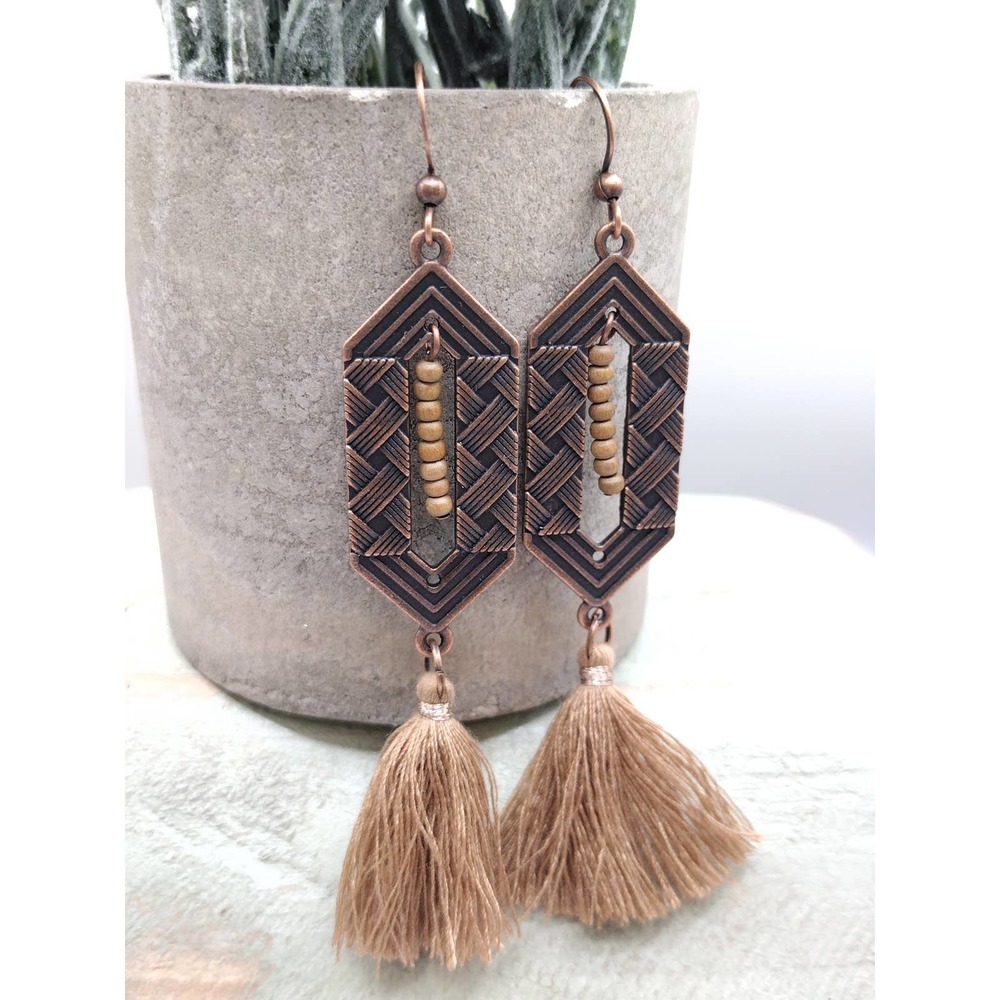 Boho Tassel Bronze Beaded Dangle Earrings